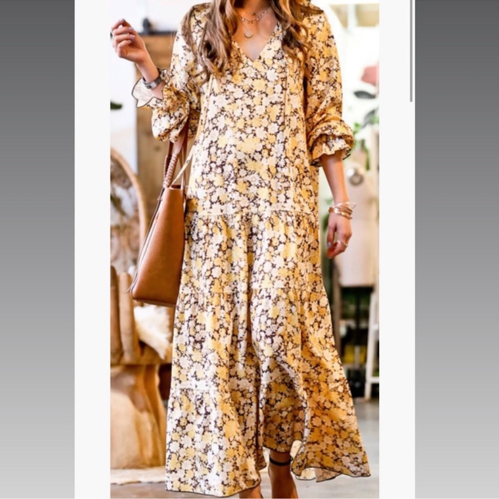 Mazik With The Flowers Maxi Dress Yellow Brown size Large.